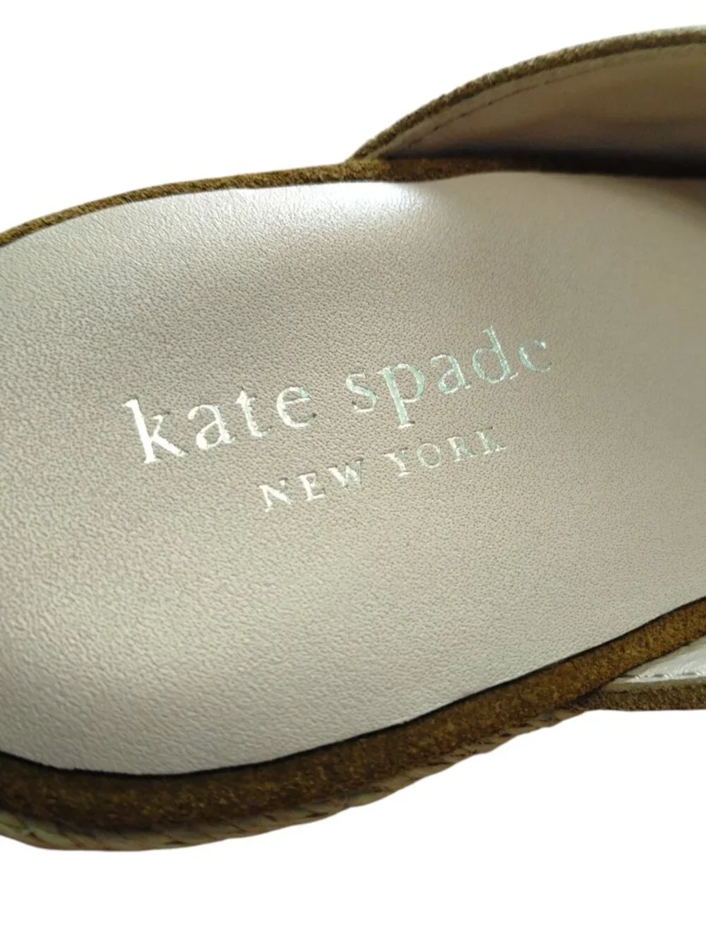 Kate Spade Thea Suede Wedge Espadrille Sandals Slip On Size 11M Tan Logo NEW
